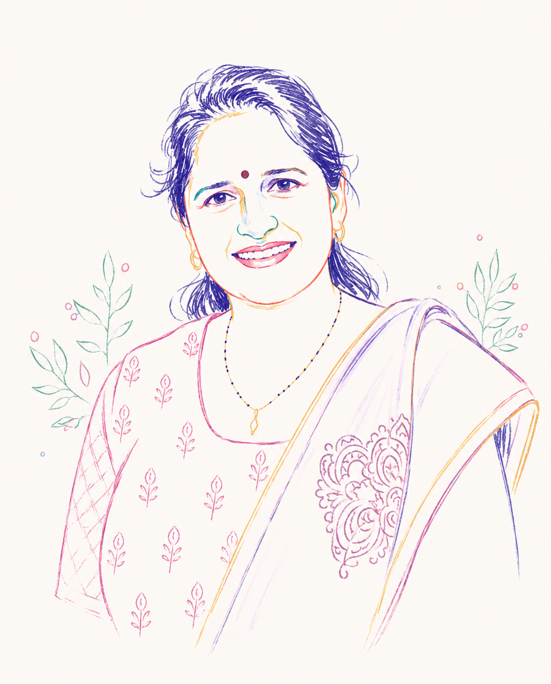 Illustrated portrait of Sandhya Dilliwal, founder of Aver Shine Beauty Parlour, Indore